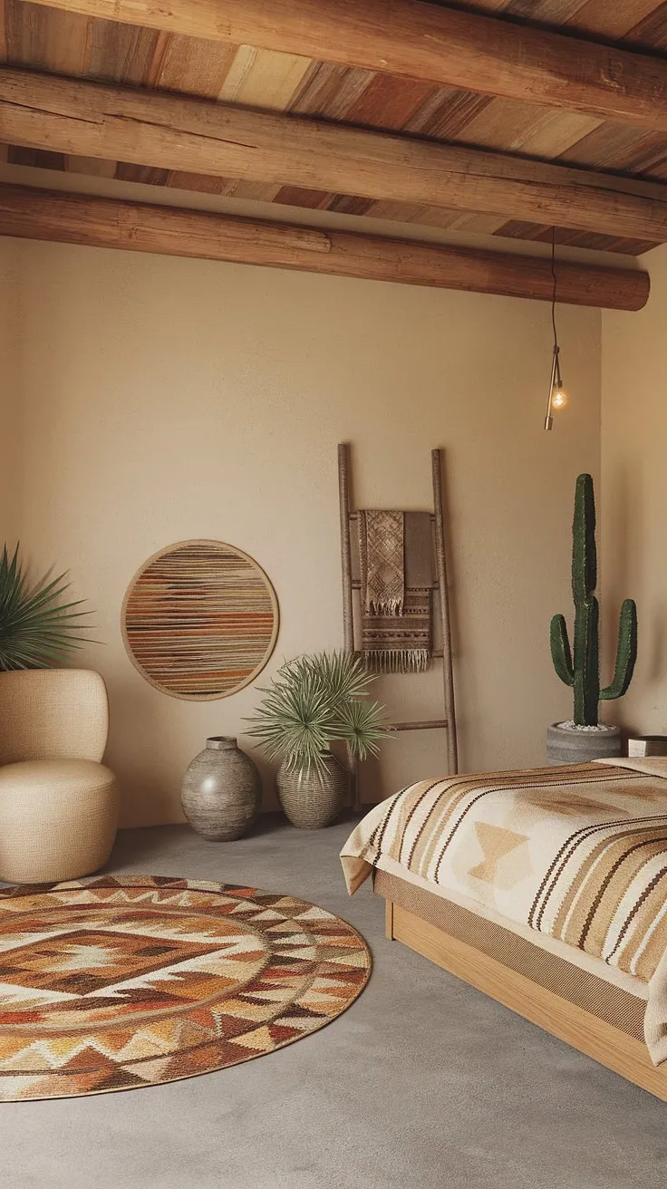 Desert hues and handcrafted textures create a sanctuary of calm in this southwestern bedroom. The warm lighting and natural materials, including the wooden ceiling and cement floor, evoke a sense of serene escape. A perfect blend of rustic charm and modern comfort.