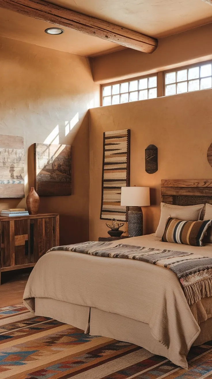 Wake up to breathtaking desert views in this Southwestern sanctuary. The warm hues, textured walls, and handcrafted details create a serene and inviting atmosphere, perfect for unwinding after a day exploring the stunning landscape. A king-size bed promises restful nights, while the woven blanket adds a touch of rustic charm.