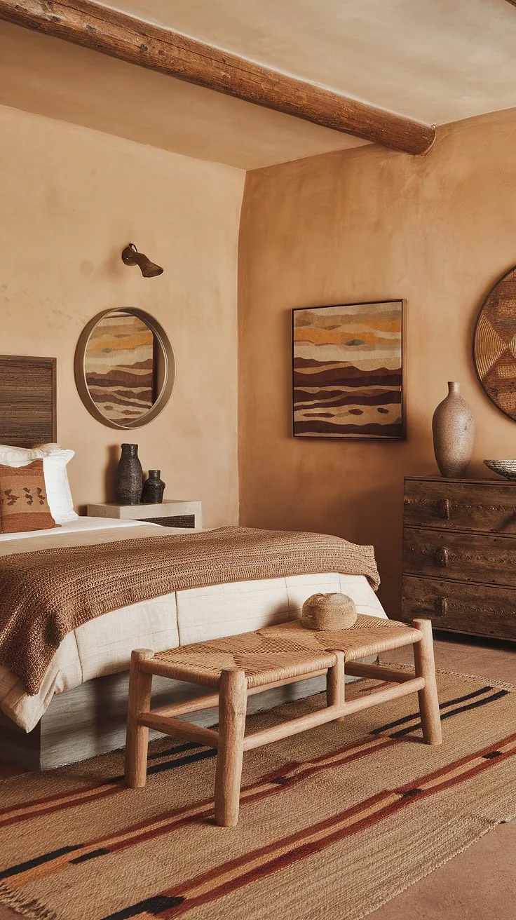 Drift off to sleep in this Southwestern sanctuary, where warm earth tones and the rich textures of hand-woven textiles create a haven of tranquility. The rustic wooden dresser and thoughtfully chosen artwork complete the inviting ambiance, offering a perfect blend of comfort and authentic Mexican style. A queen-size bed, adorned with a woven blanket, promises restful nights.