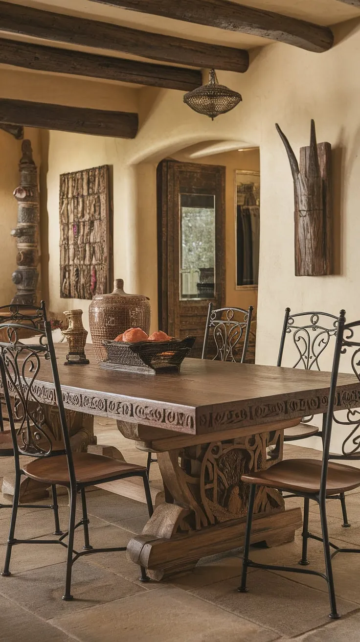 The intricate carvings on this Spanish-style dining table, a true testament to Mexican craftsmanship, anchor this hacienda-style dining room. The rustic decor and wrought iron chairs complete the Southwestern ambiance, creating a space where memories are made. A warm and inviting atmosphere perfect for family gatherings.
