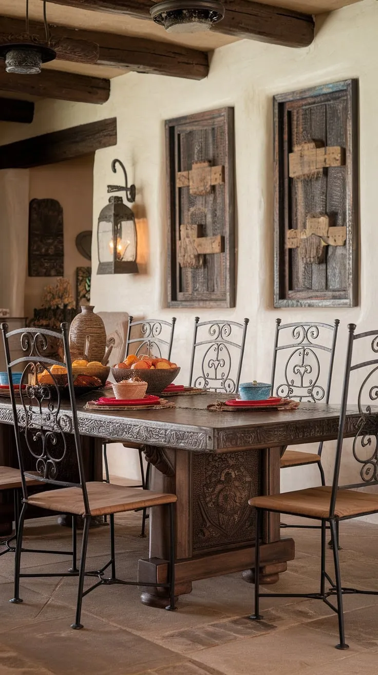 Step into a world of rustic charm and Southwestern elegance. This dining room, with its richly carved wooden table and wrought iron chairs, evokes the warmth and history of a traditional Mexican hacienda. The handcrafted details and authentic artwork create an atmosphere of relaxed sophistication. A perfect setting for unforgettable gatherings.