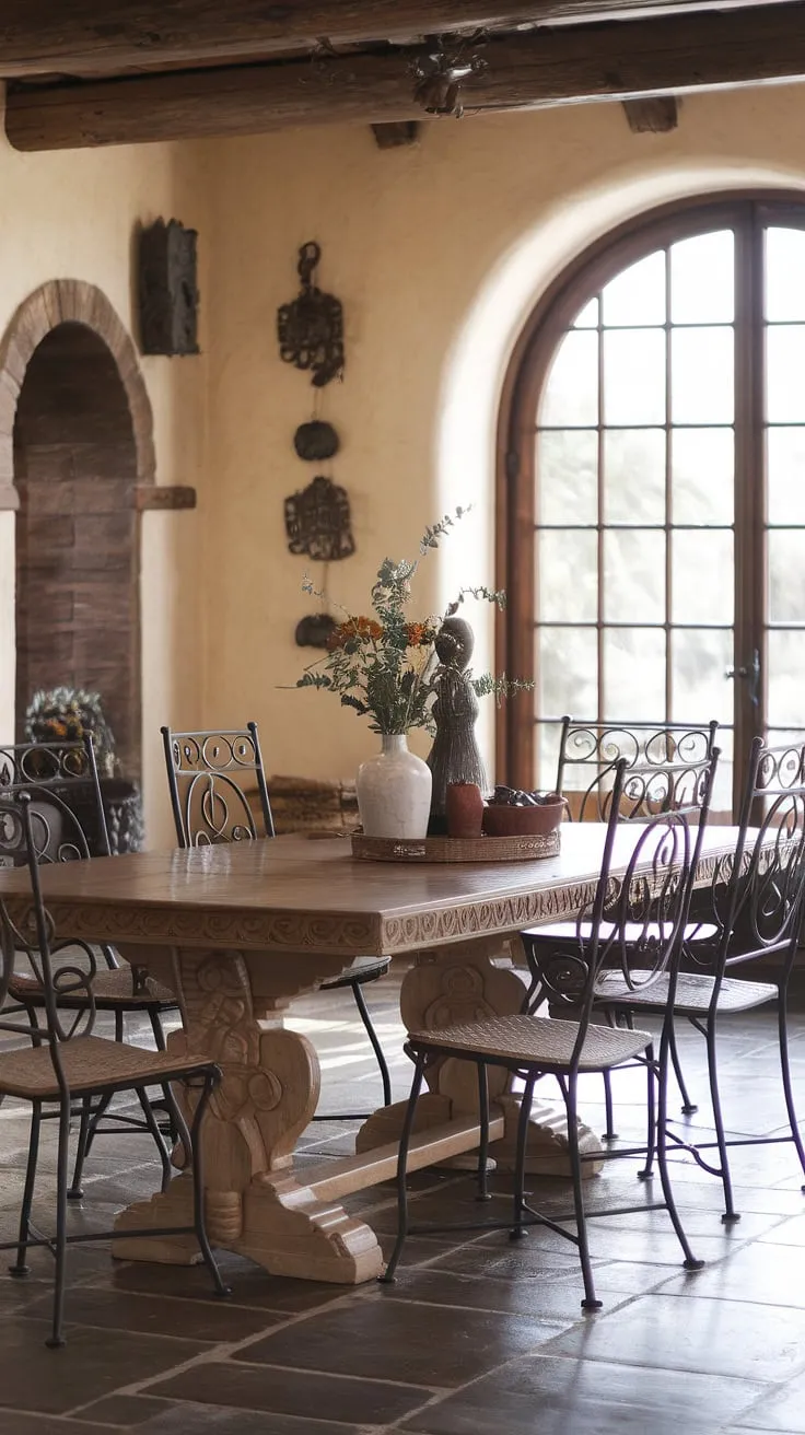 A taste of old Mexico in this charming Southwestern dining room. The hand-carved wooden table, surrounded by elegant wrought iron chairs, invites conversation and laughter. A space where the warmth of the sun and the richness of the culture intertwine.