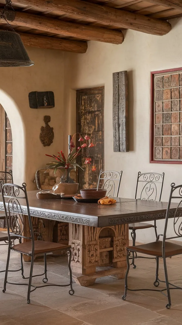 Sun-drenched afternoons and captivating conversations unfold around this hand-carved dining table, a centerpiece in a Southwestern hacienda brimming with rustic charm and Spanish-inspired elegance. The wrought iron chairs add a touch of old-world artistry, creating a space where memories are made.