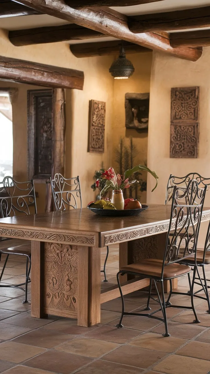 Step into a world of warmth and handcrafted beauty. This Southwestern dining room, with its intricately carved wooden table and wrought iron chairs, evokes the spirit of a traditional Mexican hacienda. The rustic decor and hand-painted tiles complete the ambiance, creating a space perfect for sharing stories and savoring delicious meals. A truly captivating setting.