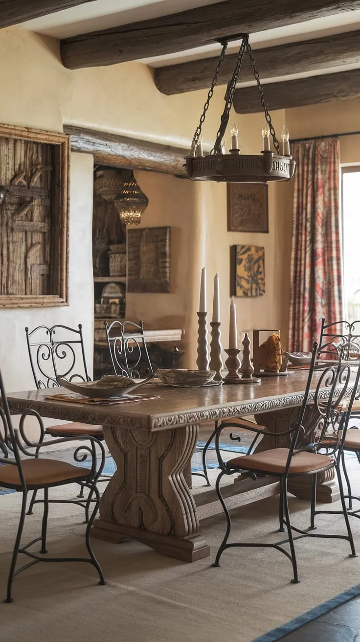 Step into this enchanting Southwestern dining room, where a richly carved Spanish-style table takes center stage, surrounded by elegant wrought iron chairs. The rustic artwork and warm lighting create an atmosphere of authentic Mexican hacienda charm. A stunning chandelier adds a touch of elegance to the space.