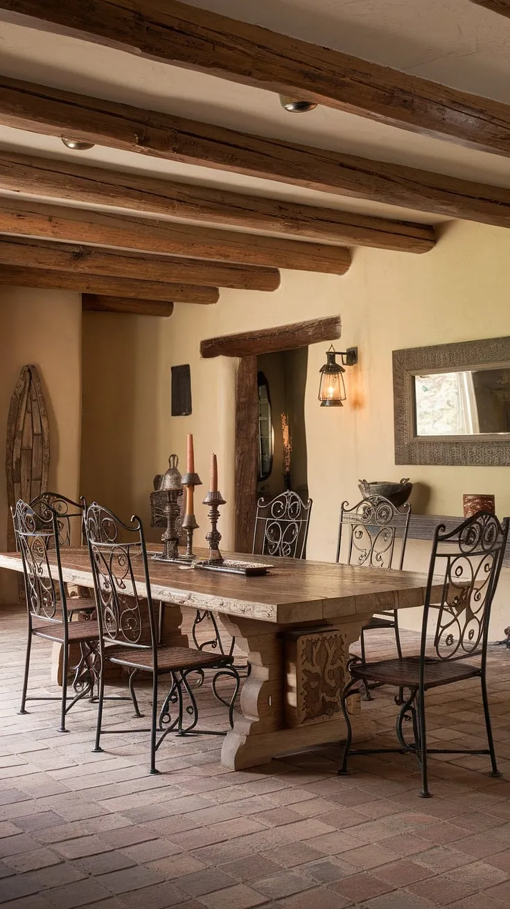 This charming Mexican-style dining room, with its intricately carved wooden table and rustic stone walls, evokes the spirit of a traditional hacienda. The warm lighting and comfortable wrought iron seating create a space perfect for intimate gatherings and unforgettable moments. A true testament to Southwestern charm.