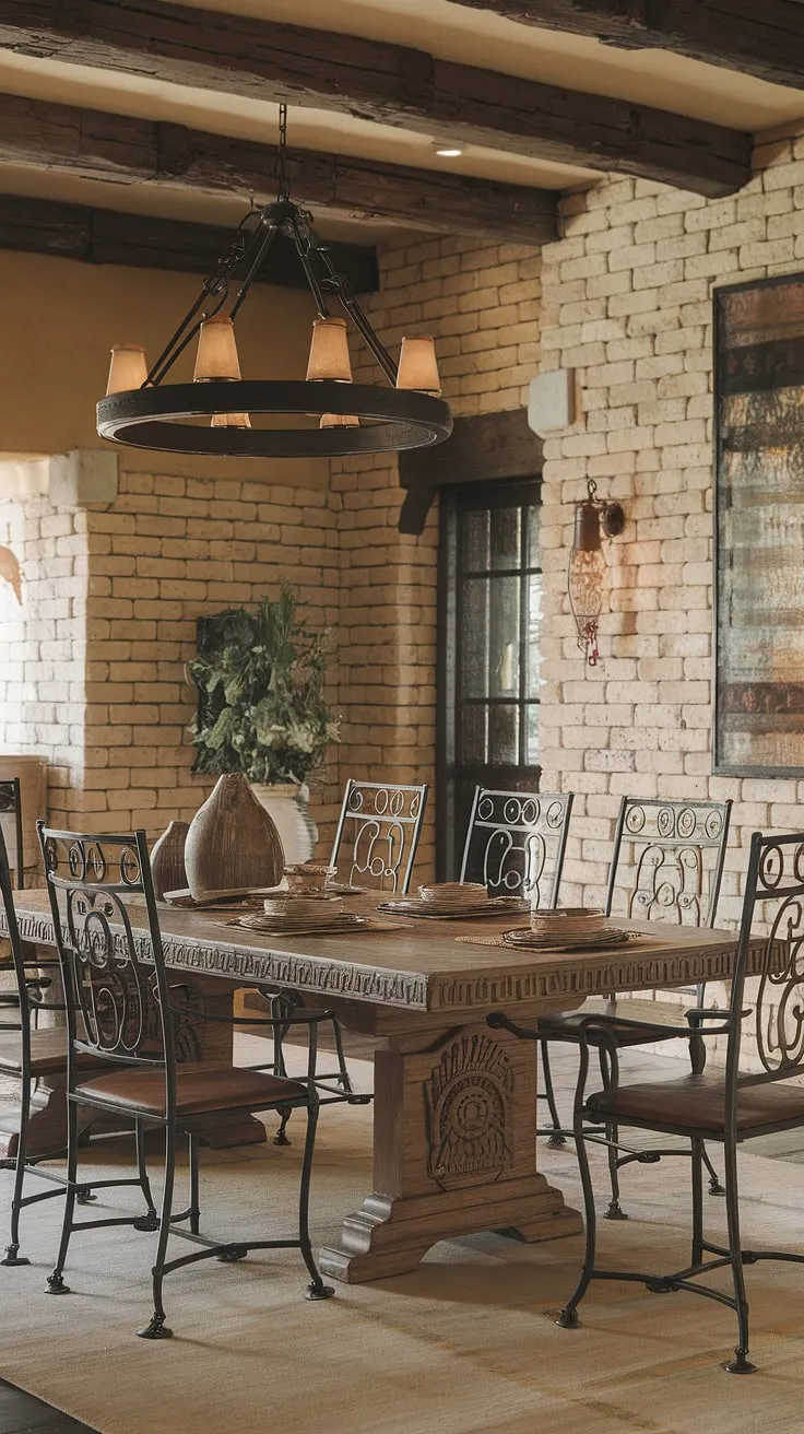 Step into this enchanting Southwestern dining room, where a richly carved Spanish-style table takes center stage, surrounded by elegant wrought iron chairs. The exposed brick walls and ornate chandelier complete the authentic Mexican hacienda ambiance. A feast for the senses awaits.
