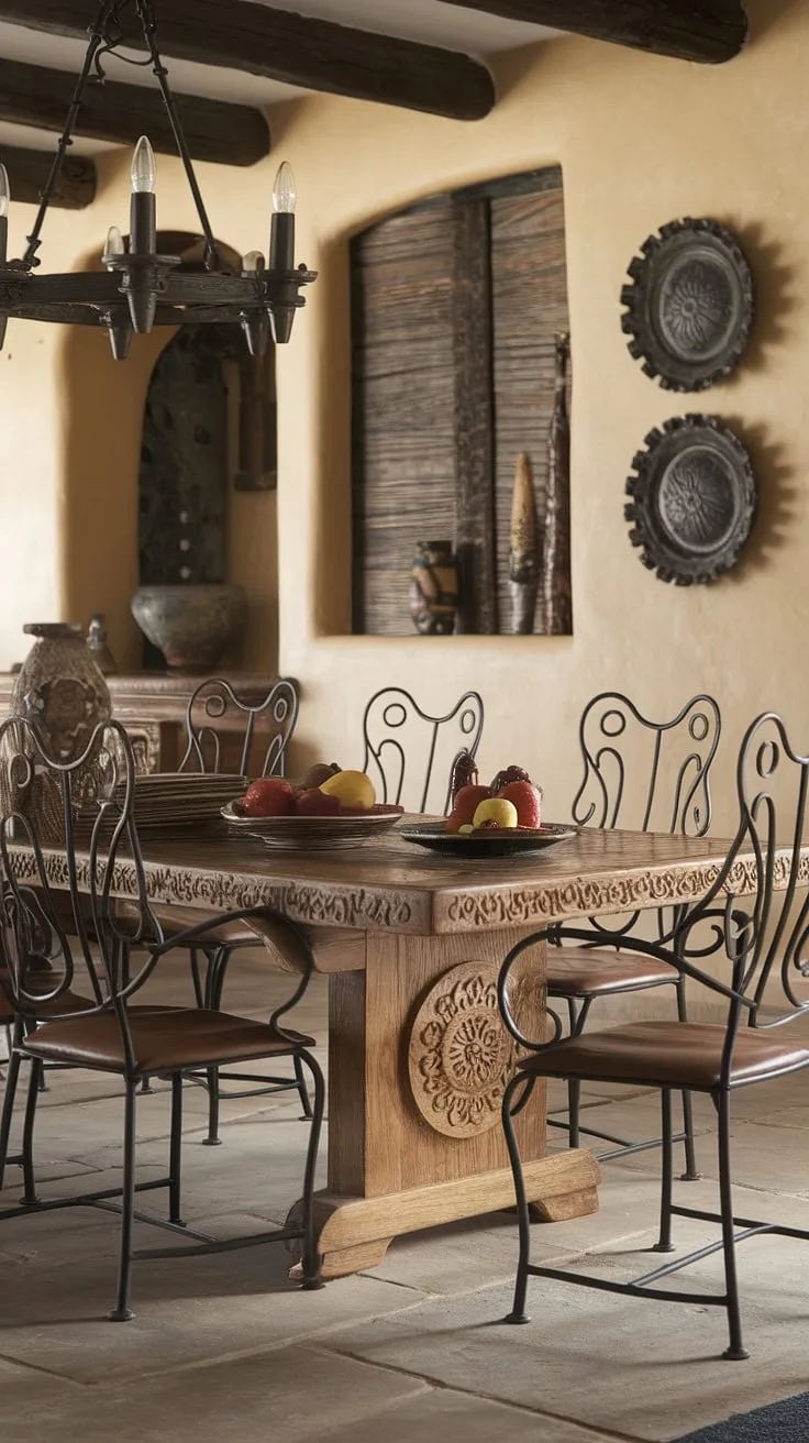 The rich textures and handcrafted details of this Mexican-inspired dining room are breathtaking. From the ornate wood table to the elegant wrought iron chairs, every element speaks to a legacy of craftsmanship. The rustic charm and warm lighting create a perfect setting for unforgettable gatherings.