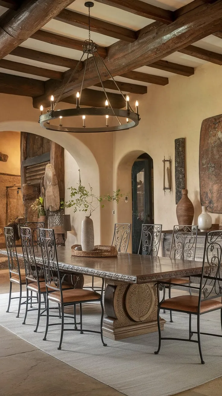 This hacienda's dining room is a breathtaking testament to Mexican craftsmanship. The high ceilings, ornate wrought iron details, and a magnificent carved wooden table set the stage for unforgettable gatherings. A truly captivating space.