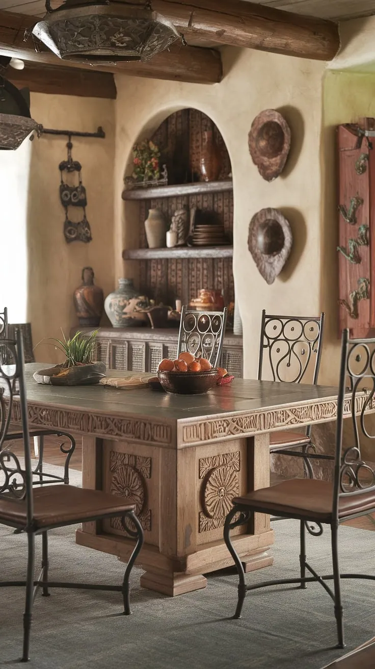 Step into a world of warmth and handcrafted beauty. This Southwestern dining room, with its intricately carved Mexican table and wrought iron chairs, evokes the spirit of a traditional hacienda. The rustic decor and rich textures create an atmosphere of relaxed elegance, perfect for sharing meals and cherished memories. A truly captivating space.
