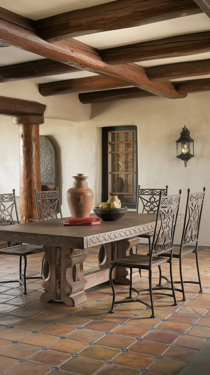 A symphony of southwestern style: exposed beams, patterned tiles, and a magnificent carved wood dining table set the stage for unforgettable gatherings. The wrought iron chairs and carefully chosen accents complete the picture, creating a space that's both elegant and inviting. A perfect blend of rustic charm and refined taste.