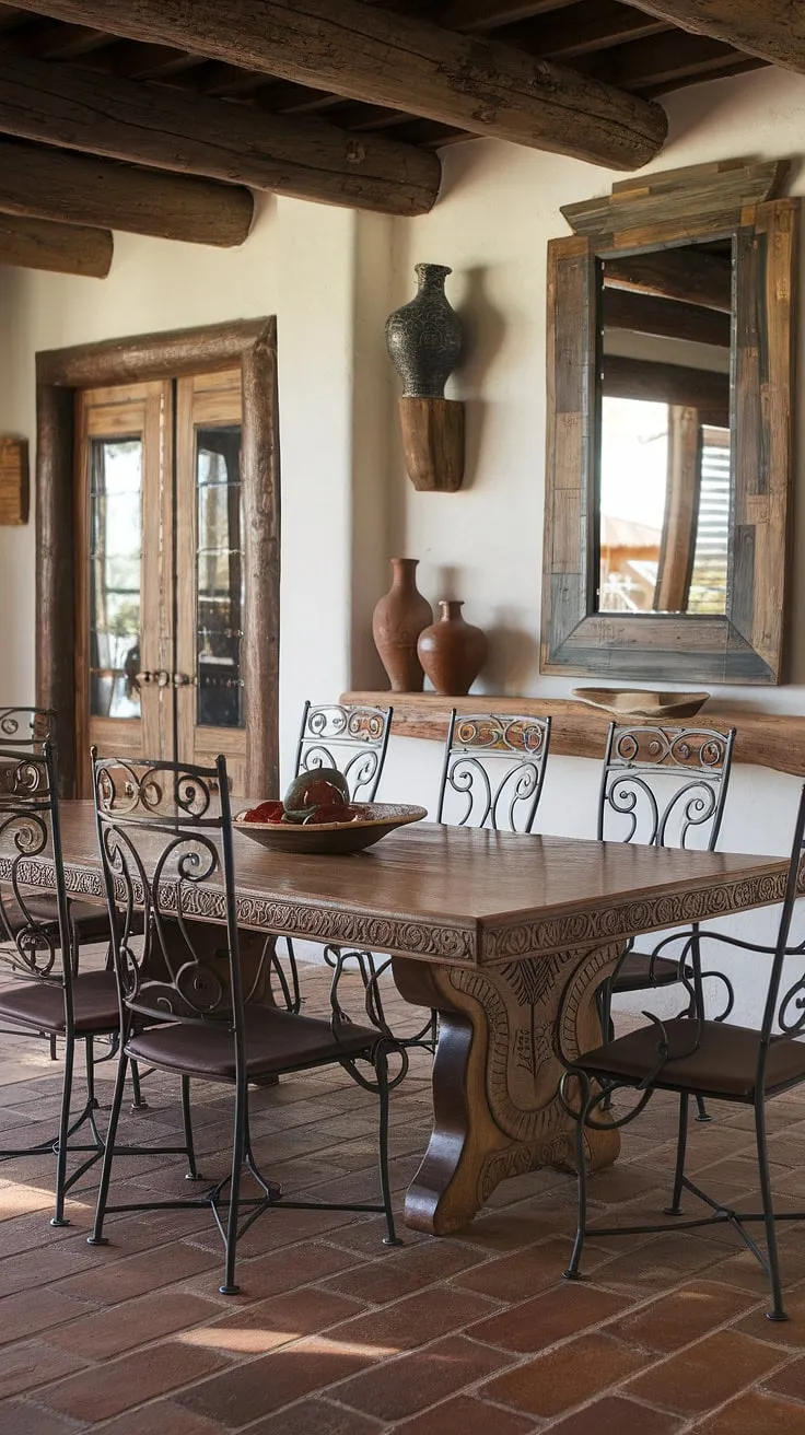 Step into a world of vibrant Southwestern charm. This hacienda-style dining room, with its intricately carved wooden table and wrought iron chairs, evokes the warmth and artistry of Mexico. The rustic decor and red brick floor complete the authentic ambiance. A truly captivating space.