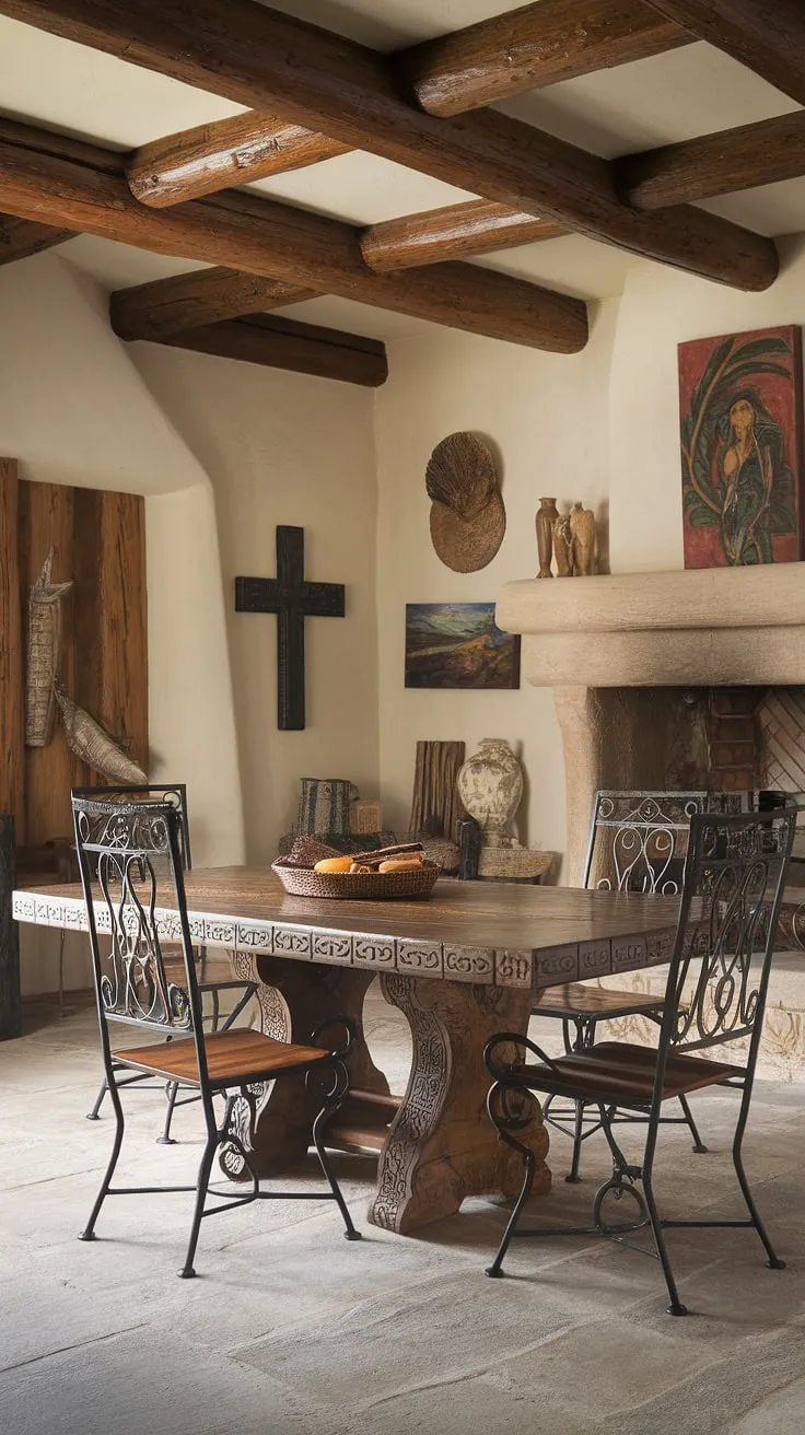 This Southwestern dining room, with its hand-carved wooden table and wrought iron chairs, evokes the warmth and history of a traditional Mexican hacienda. The exposed beams, stone fireplace, and carefully chosen décor create an atmosphere of relaxed elegance, perfect for sharing meals and cherished memories. A testament to timeless design and handcrafted artistry.