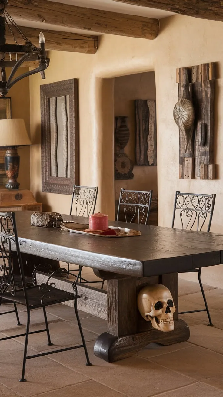 The rich, dark wood of the dining table, a centerpiece of carved artistry and adorned with a subtle skull, anchors this Southwestern dining room. Wrought iron chairs and rustic decor complete the hacienda-style ambiance, creating a space where stories unfold over meals. A sense of history and handcrafted beauty permeates every detail.