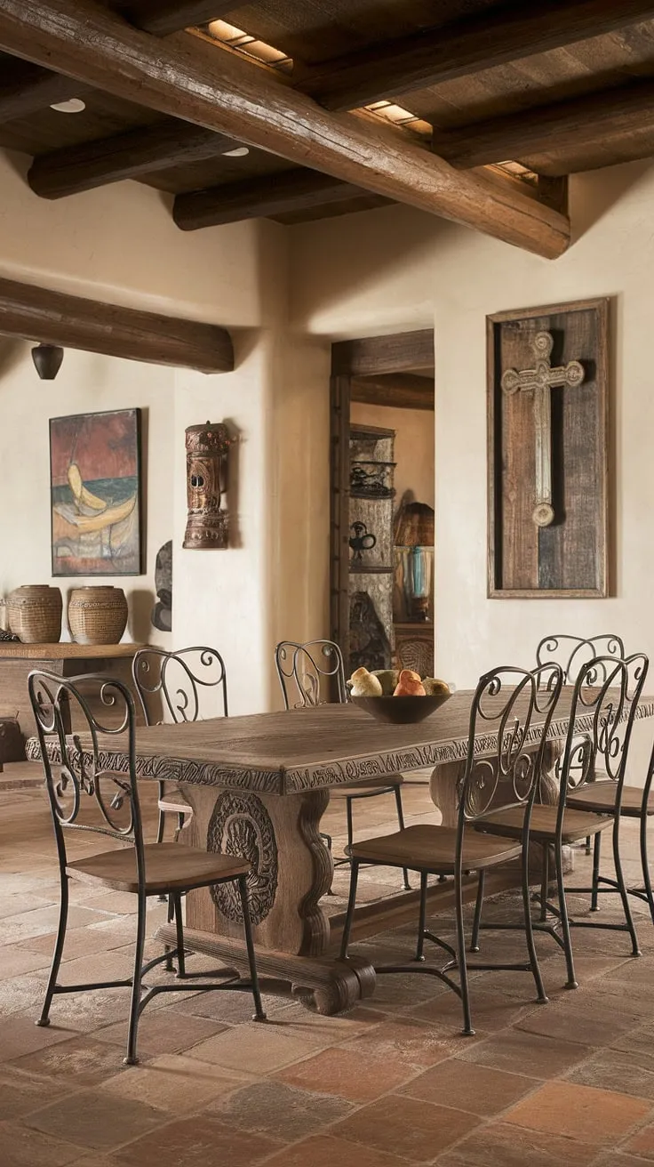Step into a world of rustic charm and handcrafted elegance. This Southwestern dining room, with its intricately carved wooden table and wrought iron chairs, evokes the spirit of a traditional Mexican hacienda. The high ceilings and terra cotta tiles only enhance the sense of spaciousness and warmth. A testament to timeless design and the beauty of handcrafted details, this space is perfect for sharing meals and creating lasting memories.