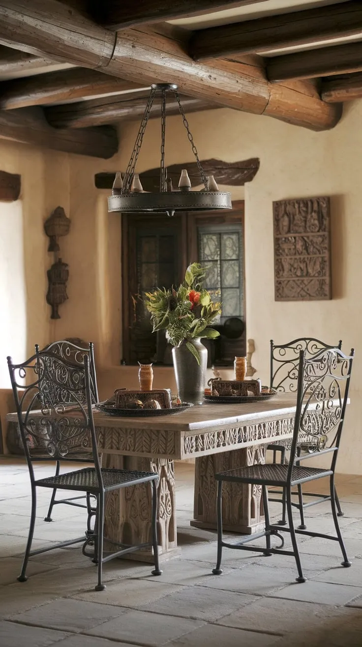 The intricately carved wood of the dining table, a testament to generations of Mexican craftsmanship, anchors this Southwestern dining room. Sunlight streams through the rustic wooden beams, illuminating the rich textures and warm hues of the hacienda. A sense of history and timeless elegance permeates the space.