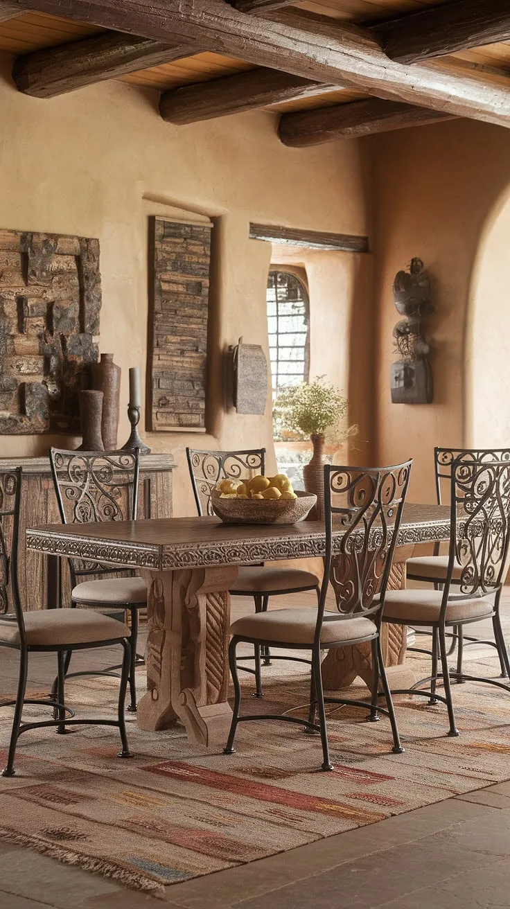 Warm terracotta hues and the rich scent of chili fill this Southwestern dining room, where handcrafted details-like the intricately carved table and wrought iron chairs-tell a story of generations past. A perfect setting for lively conversations and shared meals, this space embodies the spirit of a traditional Mexican hacienda. A testament to timeless elegance and rustic charm.