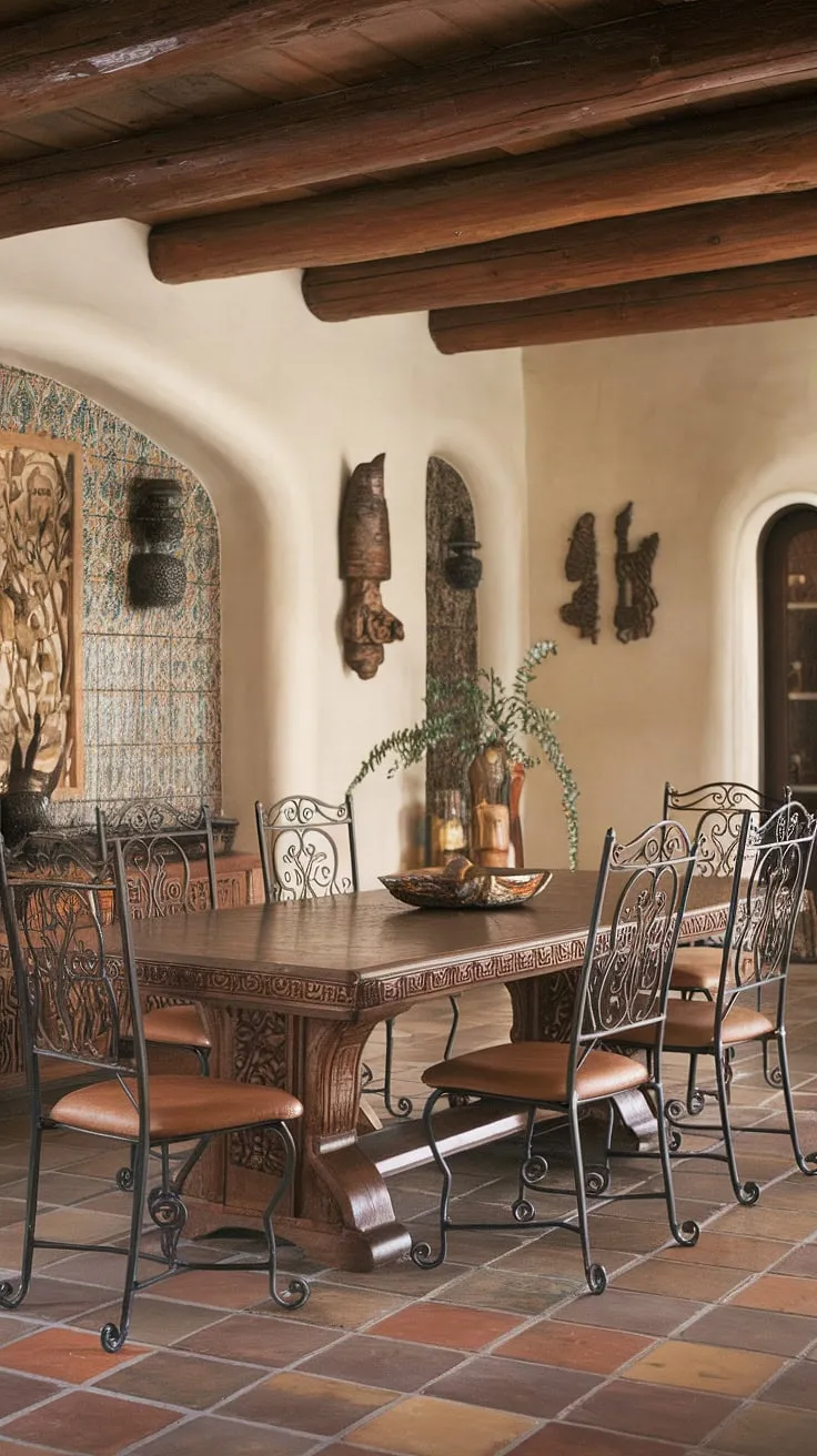 The rustic charm of this Mexican-inspired dining room is undeniable. A stunning carved wooden table takes center stage, surrounded by elegant wrought iron chairs. The decorative tiles and exposed wooden beams add to the authentic hacienda feel, creating a space that is both inviting and sophisticated. It's the perfect setting for unforgettable gatherings.