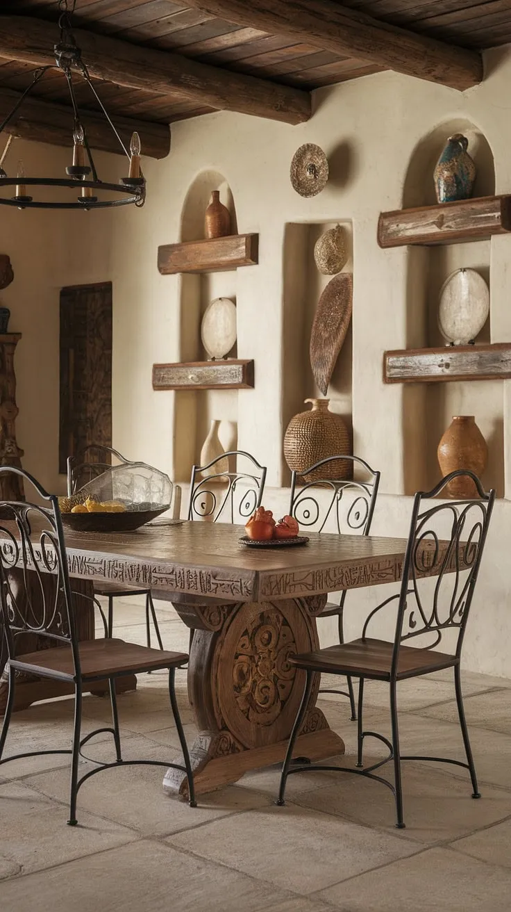 Sunlight streams through the arched windows, illuminating the intricate carvings of the Mexican dining table, a centerpiece in this hacienda-style dining room. The wrought iron chairs and rustic shelves complete the warm, inviting atmosphere. A sense of history and handcrafted beauty fills the space.