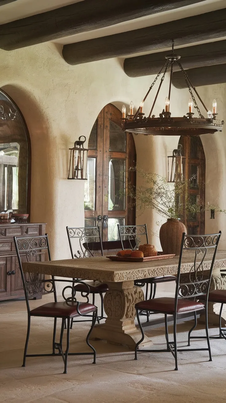 A breathtaking Southwestern dining room, where the rustic charm of the stone walls meets the elegance of a hand-carved Mexican dining table. The wrought iron chairs and ornate chandelier complete this stunning space, a perfect blend of Spanish and Mexican architectural influences. A feast for the eyes, and the soul.