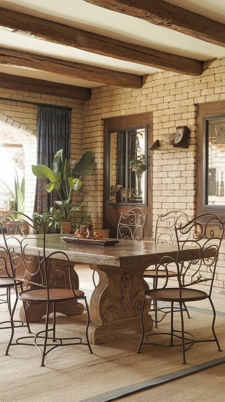 This Southwestern dining room, with its richly textured walls and hand-carved wooden table, evokes the spirit of a traditional Mexican hacienda. The worn finish of the furniture and the elegant wrought iron chairs tell a story of warmth, hospitality, and enduring style. A space where memories are made and cherished.