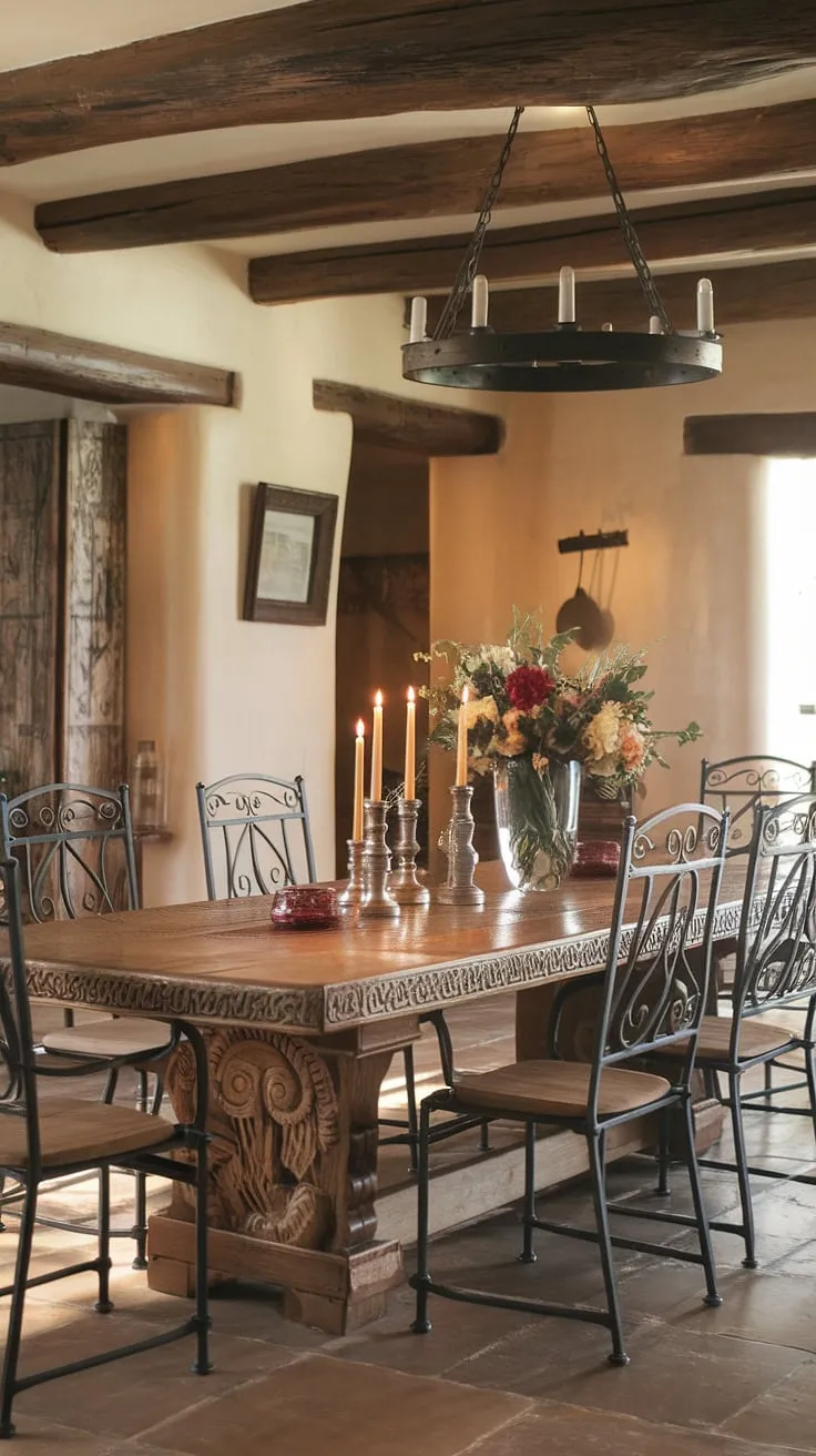Warm candlelight dances on the richly carved wood of the dining table, a centerpiece in this Southwestern haven. The rustic charm of exposed beams and wrought iron chairs creates an atmosphere of relaxed elegance, perfect for sharing stories and savoring delicious meals. A vibrant bouquet adds a final touch of beauty to this enchanting space.