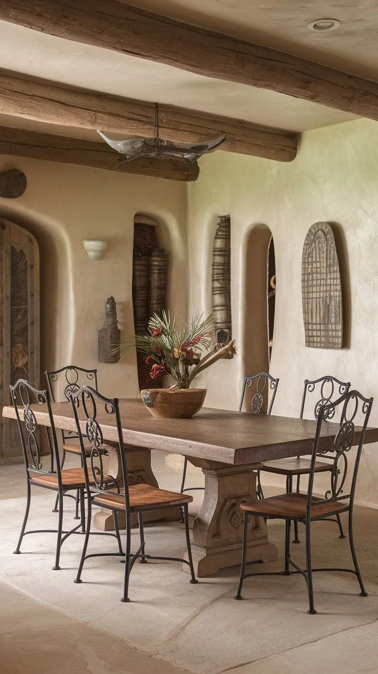 The warm glow of the setting sun casts long shadows across the intricately carved wood of the dining table, a testament to generations of skilled craftsmanship. This Southwestern haven, with its rustic charm and wrought iron chairs, offers a tranquil escape where memories are made. A perfect blend of traditional Mexican hacienda style and modern comfort.