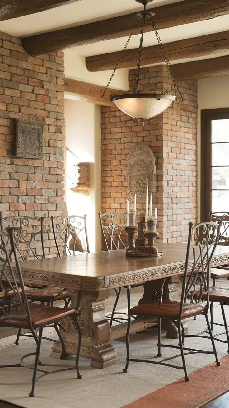 A feast for the eyes and the soul. This dining room's rustic beauty is undeniable, from the richly detailed Mexican table to the elegant Spanish chairs. The exposed brick and wooden beam add character, while the vintage light fixture casts a warm glow, making it the perfect setting for unforgettable meals and cherished memories. A testament to timeless design.