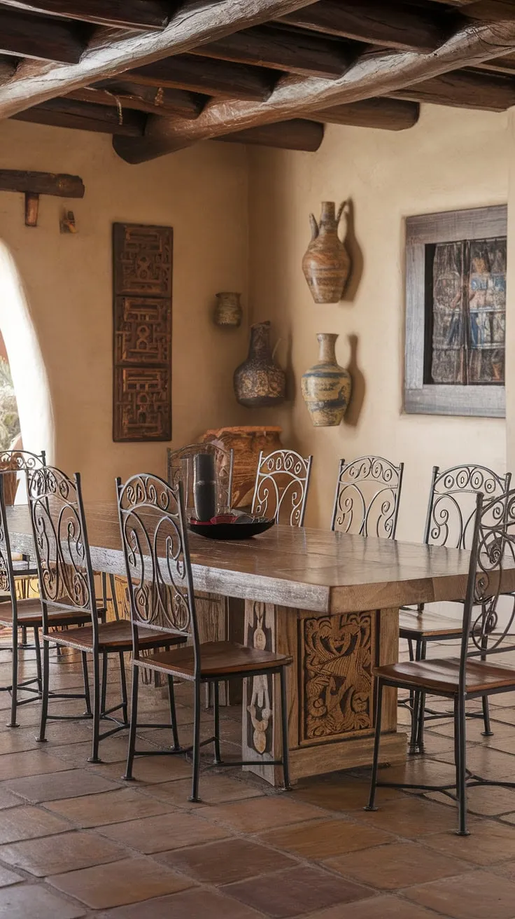 Step into a world of vibrant color and handcrafted artistry. This Southwestern dining room, with its magnificent carved wooden table and traditional Mexican pottery, evokes the spirit of a hacienda, a place where family and friends gather to share stories and savor life's simple pleasures. The wrought iron chairs add a touch of rustic elegance to this enchanting space.