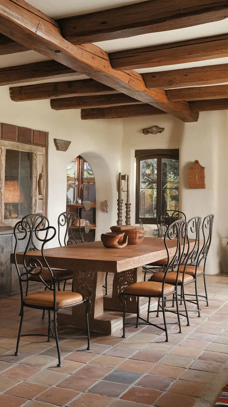 Step into a world of timeless elegance in this traditional Mexican hacienda dining room. The richly carved wooden table, complemented by wrought iron chairs and rustic terra cotta tiles, creates an atmosphere of warmth and understated luxury. A testament to handcrafted artistry and enduring style.