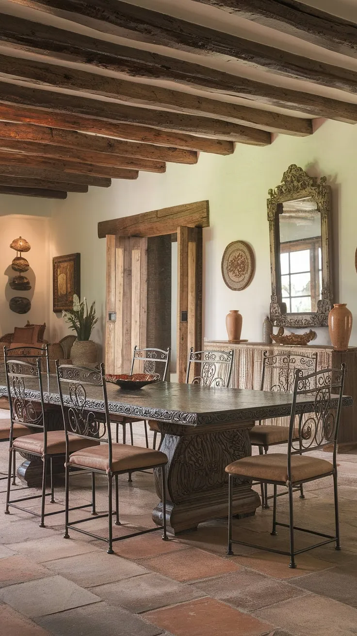 Gather 'round this magnificent, hand-carved dining table, the heart of a traditional Mexican hacienda. The rich, dark wood and intricate details whisper tales of generations past, while the wrought iron chairs and terracotta tiles underfoot offer a comfortable, rustic elegance. A perfect setting for unforgettable meals and cherished memories.