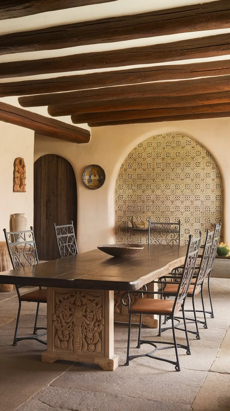 Sunlight streams through the high-beamed ceiling, illuminating the intricate details of the Spanish-style dining table. A sense of history and heritage permeates this space, where every element, from the wrought iron chairs to the decorative tile wall, tells a story. A truly captivating dining experience.