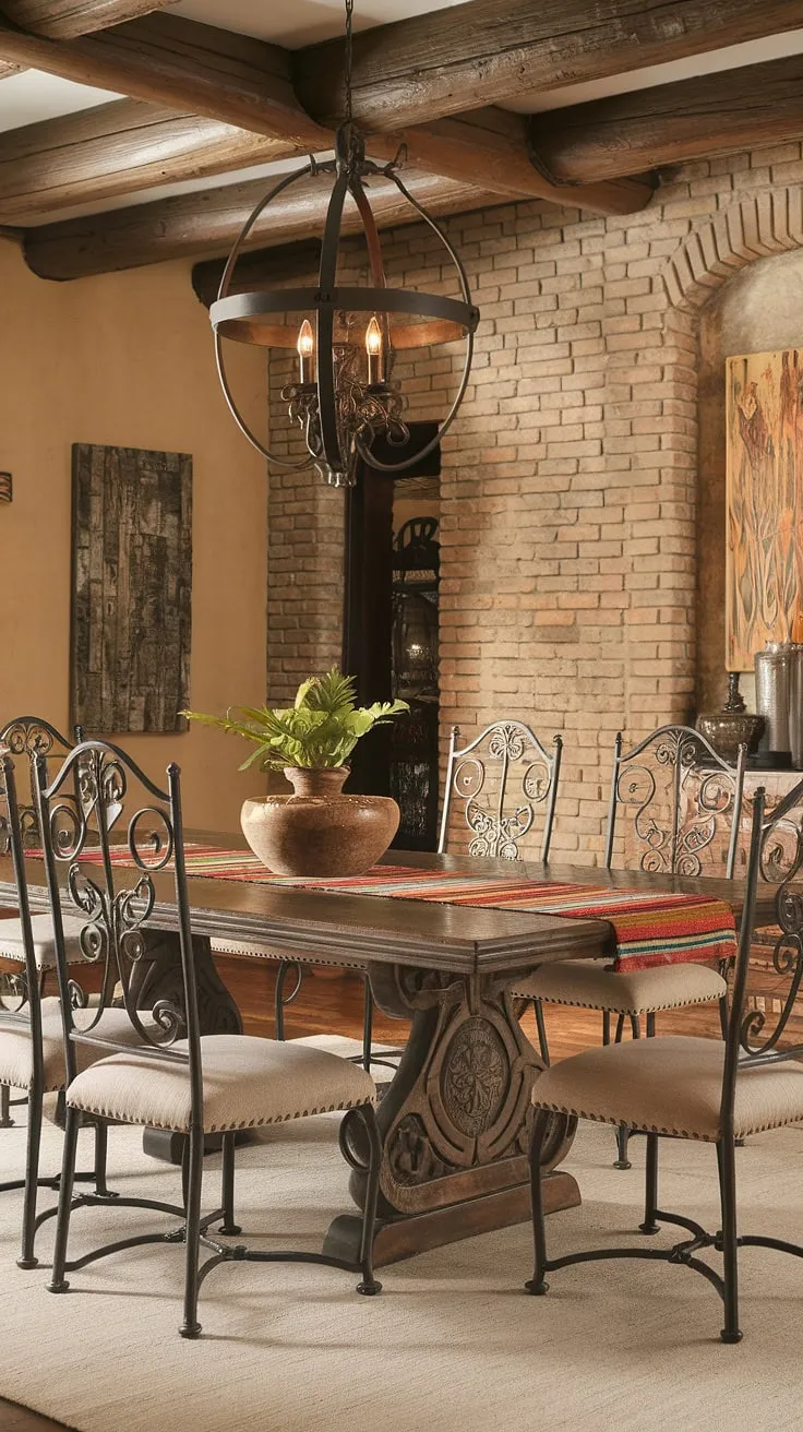 This traditional Mexican hacienda dining room, with its exposed brick walls and wooden beams, exudes rustic elegance. A stunning wrought iron chandelier hangs above a beautifully carved Spanish dining table, set with a colorful Mexican table runner. The comfortable wrought iron chairs complete the inviting ambiance, promising unforgettable gatherings.