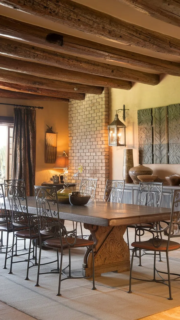 The rich textures of hand-carved wood and wrought iron create a captivating ambiance in this Southwestern dining room. The rustic charm of exposed beams and brick walls, complemented by traditional Mexican décor, evokes a sense of warmth and history. A perfect setting for unforgettable meals and cherished memories.