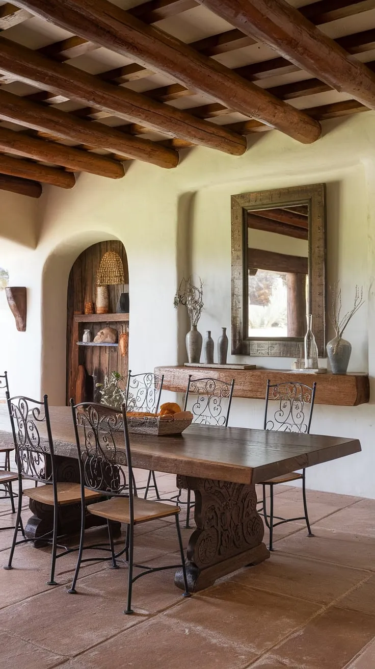 The heart of this home, a stunning Southwestern dining room, boasts a magnificent hand-carved wooden table, a centerpiece reflecting the rich heritage of a Mexican craftsmanship. The room's high ceilings, clay tile floors, and wrought iron accents complete the captivating hacienda ambiance.