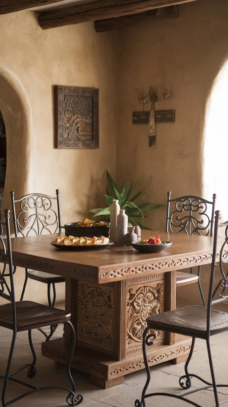 The warm glow of the setting sun casts long shadows across the intricately carved wooden dining table, a centerpiece in this charming Southwestern hacienda. A plate of enchiladas and a vibrant bowl of salsa await, promising a delicious meal in this atmospheric space. The adobe walls and wrought iron chairs complete the authentic ambiance.
