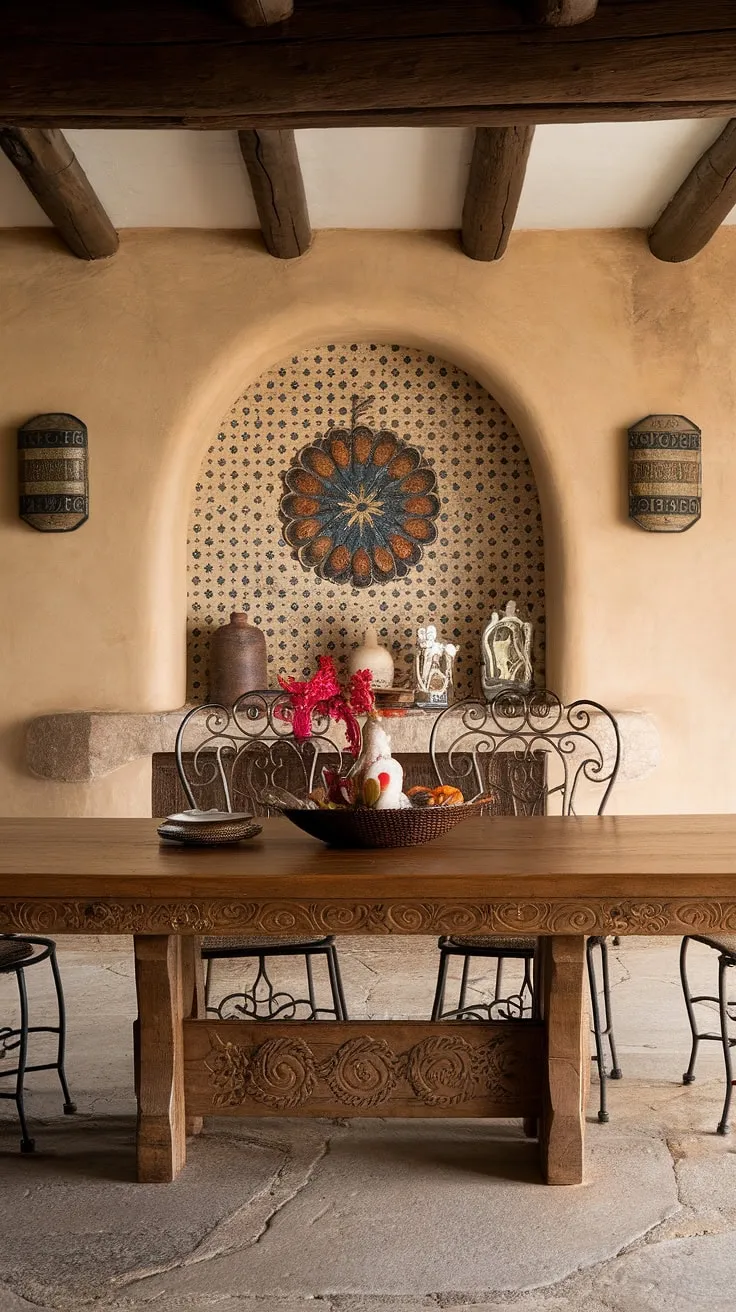 The intricate carvings on the Spanish-style dining table, bathed in the warm glow of the Southwestern sun streaming through the decorative tile, create a captivating scene in this traditional Mexican hacienda. The wrought iron chairs and stone floor complete the ambiance. A feast for the senses awaits.