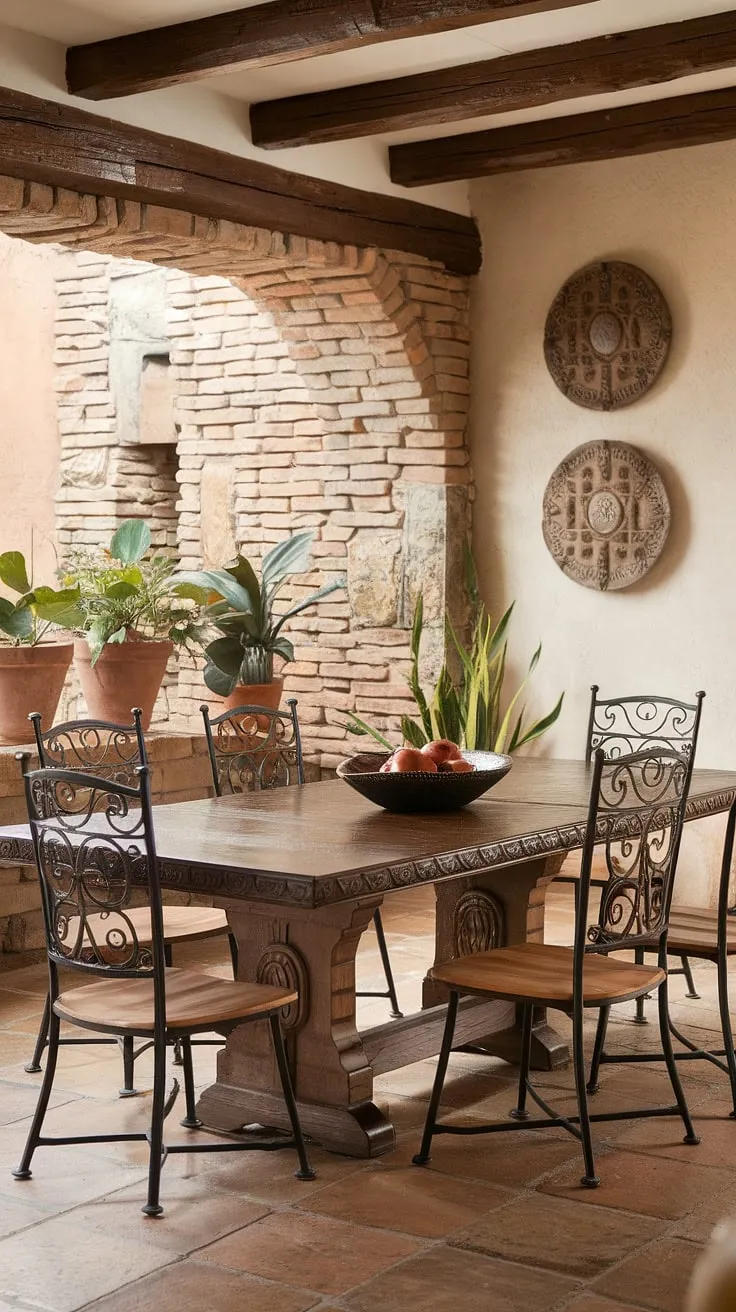 Gather 'round this handcrafted wooden table, the heart of a Southwestern haven. The exposed brick walls, wrought iron chairs, and potted plants create a warm and inviting space, perfect for sharing stories and savoring life's simple pleasures. A true testament to timeless design.