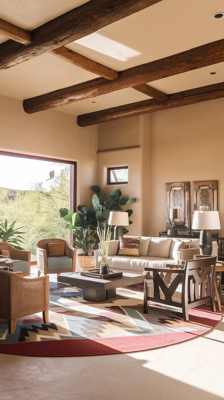 Sunlight streams through the high ceilings of this desert home, illuminating the rustic wooden beams and Southwestern-inspired furnishings. The geometric rug anchors the space, while pops of greenery add life to the earthy tones. A perfect blend of comfort and rugged elegance.
