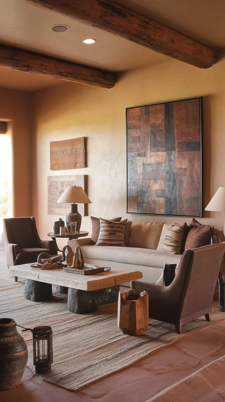 Imagine waking to the sunrise over red rock formations, then settling into this cozy Southwestern living room. The handcrafted furniture, rich textures, and carefully curated artwork create a space that's both inviting and sophisticated. A feeling of peaceful escape awaits in this desert oasis, a place where the beauty of nature meets the comfort of home.