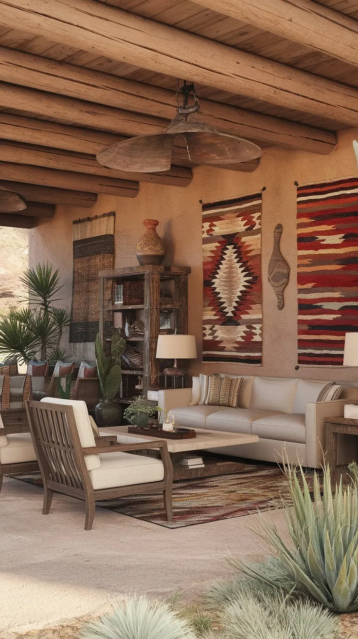 Sunlight streams through the wooden beams, illuminating the handcrafted details of this southwestern living room. The beige sofa invites relaxation, while the carefully curated collection of Native American art and potted plants speaks to a deep connection with the land. A sense of calm and understated elegance permeates every corner of this desert dwelling.