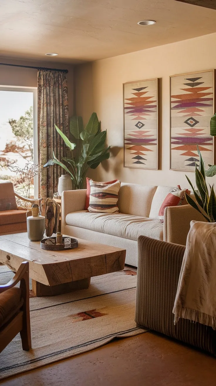 The warm hues of Sedona seep into this living room, a sanctuary of Southwestern charm. Native American art adorns the walls, complementing the earthy tones of the furniture and the natural light streaming in. A perfect blend of comfort and cultural richness.