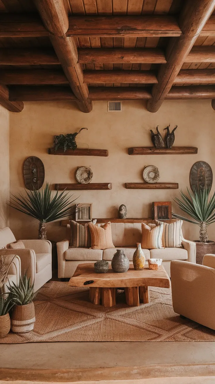 Escape to tranquility in this Southwestern living room, where warm light dances across exposed wooden beams and desert-inspired décor creates a serene oasis. The handcrafted wooden coffee table and plush beige sofa invite relaxation, while potted plants add a touch of nature's artistry. A perfect blend of rustic charm and modern comfort.