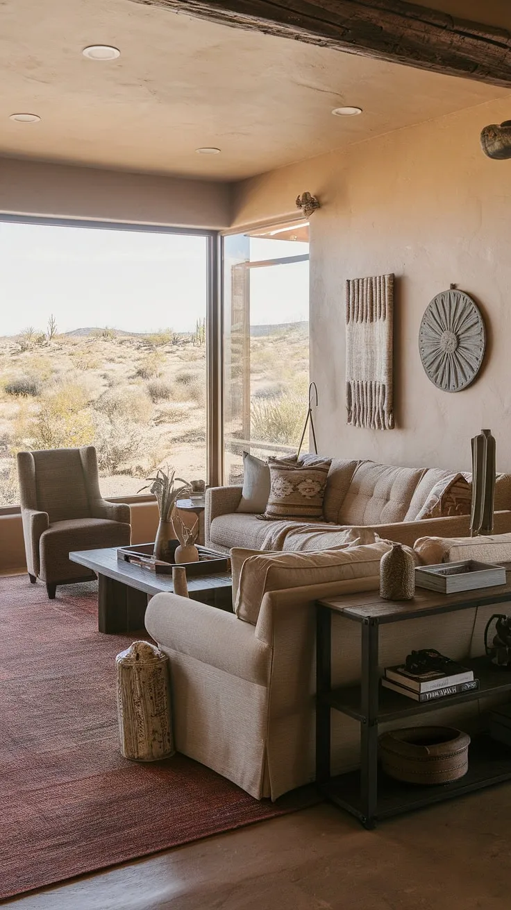 A breathtaking view unfolds beyond the large windows, painting the southwestern living room in hues of desert sunset. The comfortable seating arrangement, accented by rustic decor, invites relaxation and contemplation. A true oasis of calm.