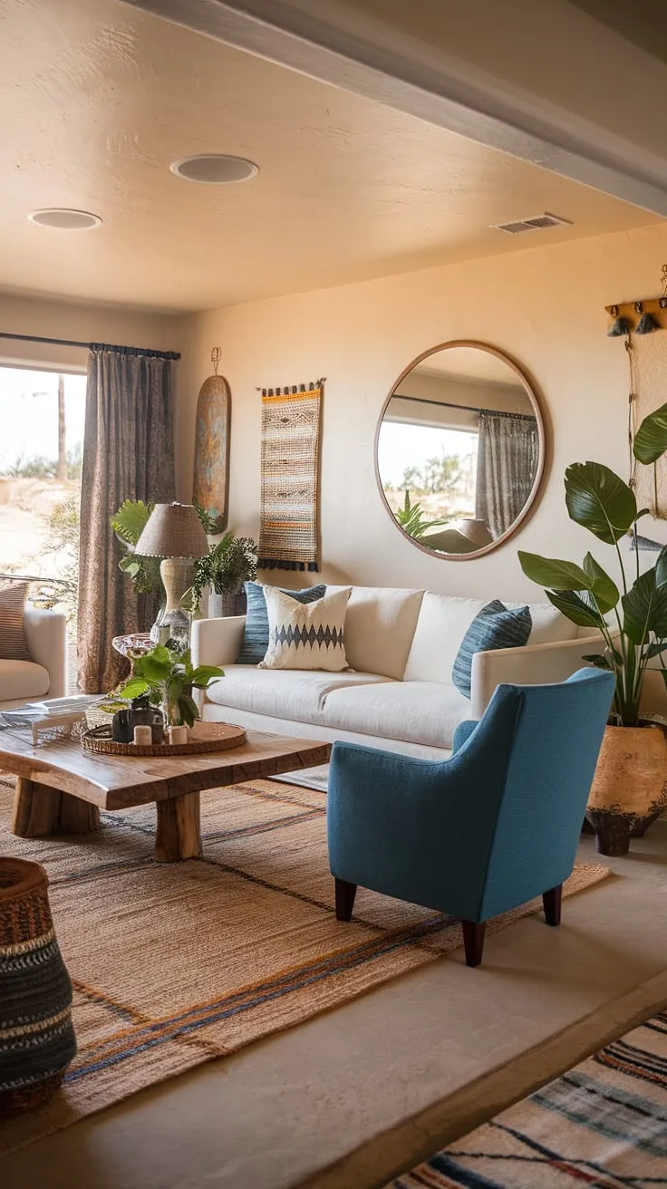 Escape to your own private desert oasis. This southwestern living room, with its calming white sofa and pops of blue, creates a tranquil retreat where you can unwind and reconnect. The natural textures and warm lighting enhance the sense of serenity, making it the perfect space for relaxation and rejuvenation.