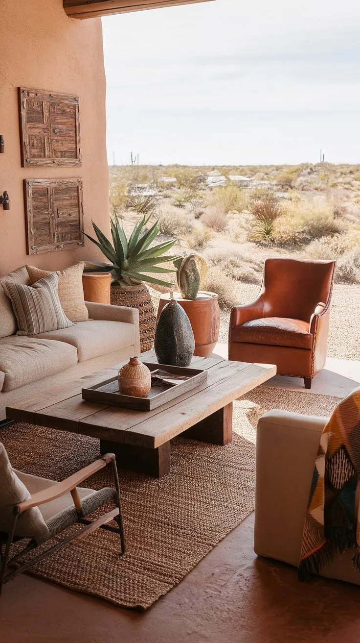 Sun-drenched serenity. This southwestern living room, with its breathtaking desert vista, offers a tranquil escape. The warm tones of the furnishings, complemented by rustic artwork and the comforting textures of the woven rug, create a space where relaxation meets rugged beauty. A perfect blend of indoor comfort and outdoor inspiration.