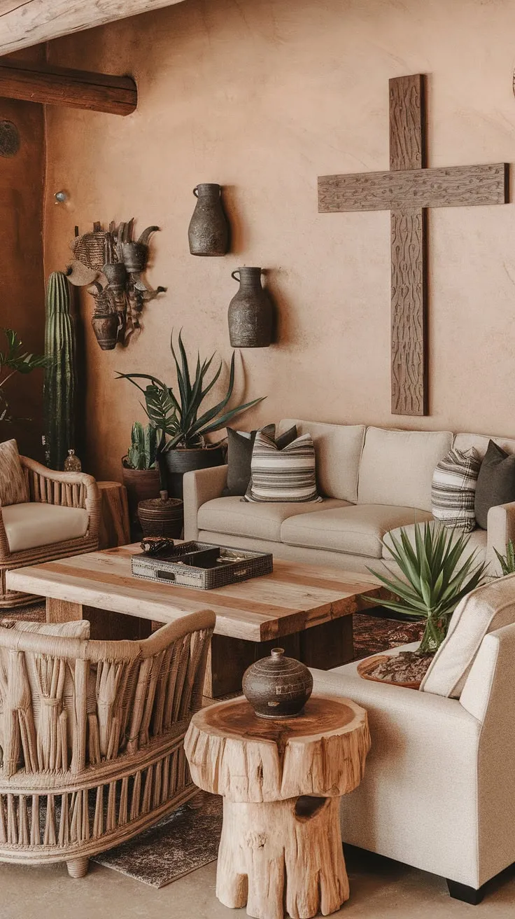 Escape to your own private desert oasis. This southwestern living room, with its warm beige tones, rustic decor, and calming potted plants, offers a tranquil retreat where you can unwind and reconnect with nature. The handcrafted wooden coffee table and the large wooden cross add a touch of rustic charm, creating a space that is both inviting and serene.
