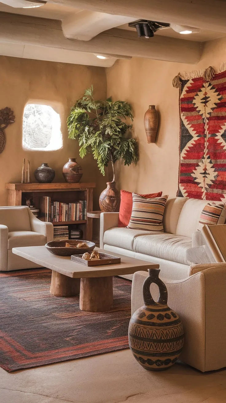 Escape to your own private desert oasis. This southwestern living room, with its warm hues, handcrafted pottery, and inviting seating, offers a tranquil retreat where comfort meets authentic style. The carefully curated details, from the patterned rug to the lush potted plant, create a space that feels both sophisticated and effortlessly relaxed.