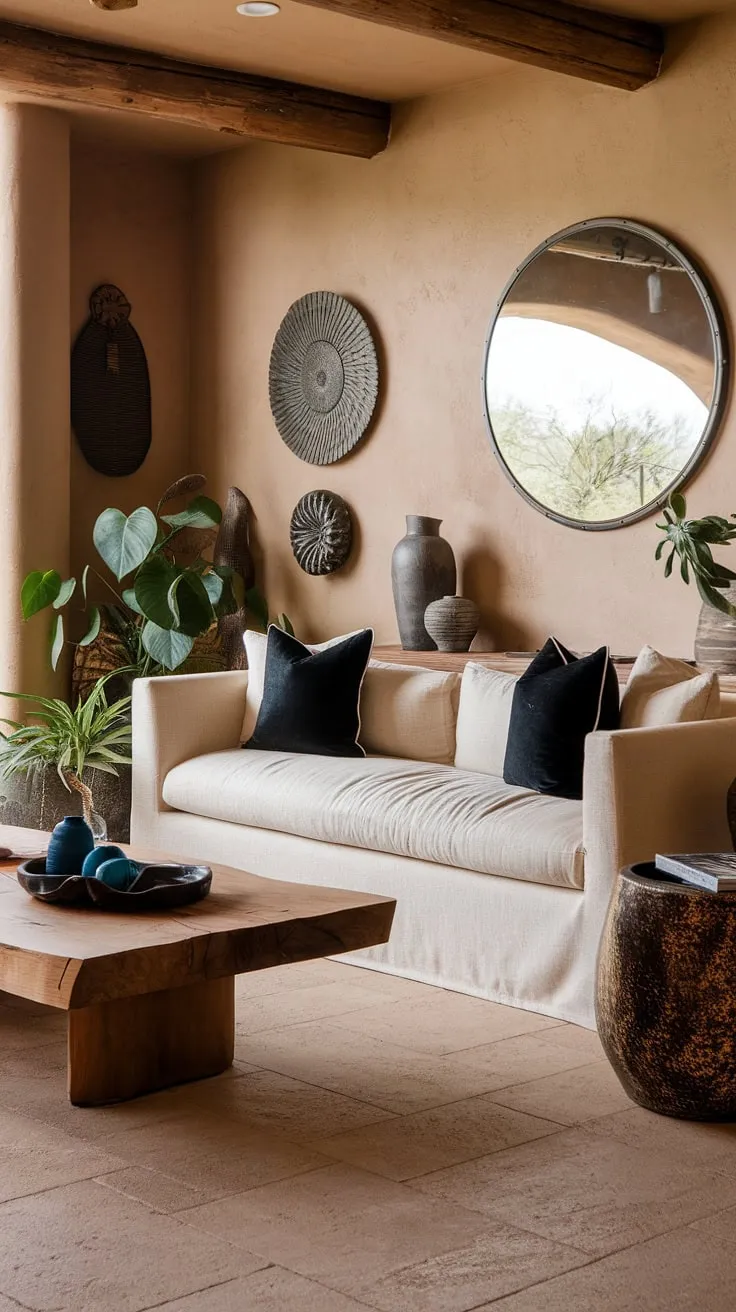 Find serenity in the heart of the desert. This living room's design seamlessly blends southwestern charm with modern comfort, creating a space that is both stylish and relaxing. The natural light, coupled with the earthy tones and lush greenery, evokes a sense of peace and tranquility.