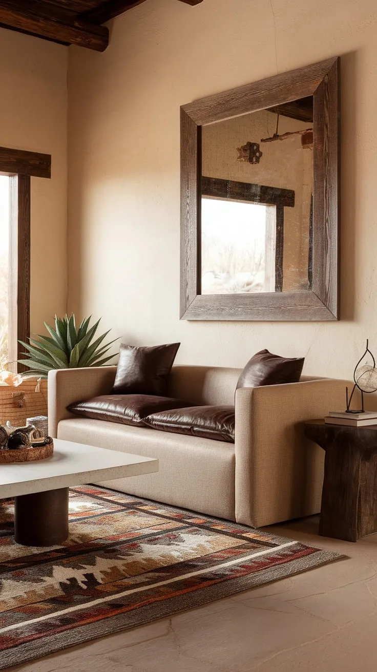 Desert hues and handcrafted textures create a sanctuary of calm in this southwestern living room. The warm lighting and earthy tones, complemented by the simple elegance of the furniture, evoke a sense of tranquility and understated luxury. A perfect blend of comfort and style.